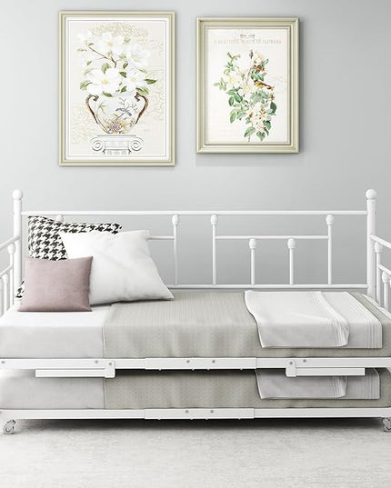 Twin Daybed with Trundle/Steel Slat Support/Space Saving Trundle Bed and Multi-Functional Furniture for Living Room and Guest Room, White - LeafyLoom