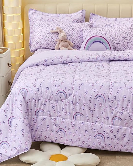 Mooreeke Full Size Comforter Sets for Girls Kids, 8 Pieces Bed in a Bag Purple Love Rainbow Bedding Comforter Sheet Set with Shams and Decorative Toy Pillow, Ultral Soft Microfiber Kids Bed Set - LeafyLoom