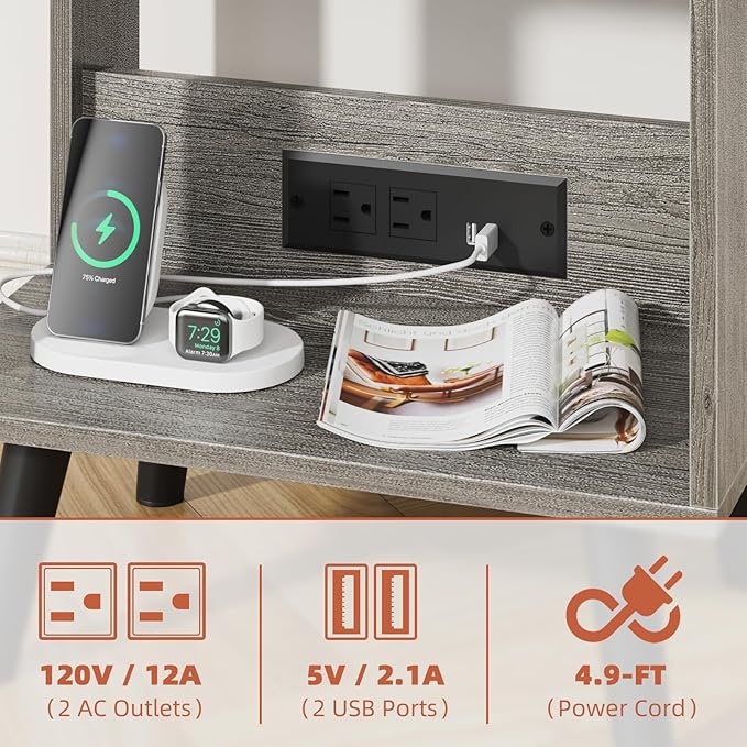 Nightstand with Charging Station and Fabric Drawer, Side Table with Storage for Bedroom, Night Stand with Open Wood Shelf for Bedroom, Bedside Tables - Gray - LeafyLoom