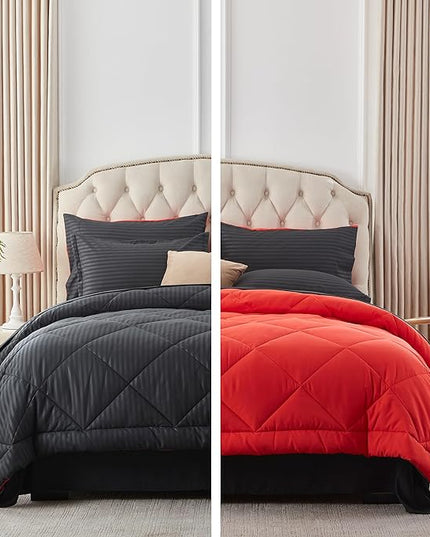 NexHome Black/Red King Bed in a Bag 7-Pieces Comforter Sets with Comforter and Sheets Soft All Season Bedding Sets with Comforter, Pillow Shams, Flat Sheet, Fitted Sheet and Pillowcases - LeafyLoom