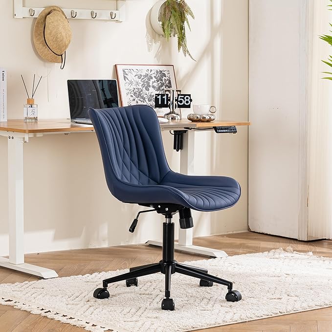 YOUTASTE Office Chair Modern Armless Desk Chair with Wheels, Height Adjustable Swivel Rocking Computer Gaming Task Chair, Upholstered Faux Leather Sewing Chair with Ergonomic Back, Navy Purple - LeafyLoom