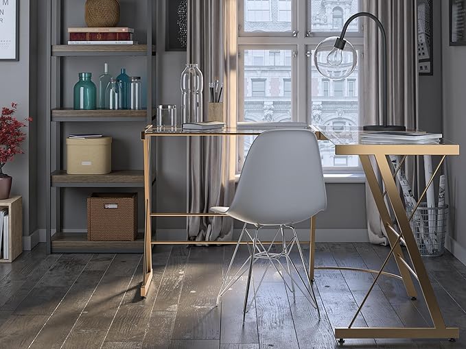 Ameriwood Home Odin Glass L-Shaped Computer Desk, Gold - LeafyLoom