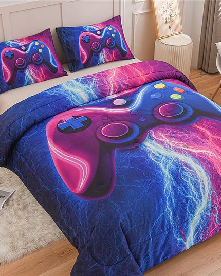 Meeting Story Gamer Gaming Bedding Sets Red Blue Lightnings Gamepad Comforter Set for Boys Games Console Action Buttons Novelty Colorful Modern Room Decor Home Quilt Set (Blue-Purple, Twin) - LeafyLoom