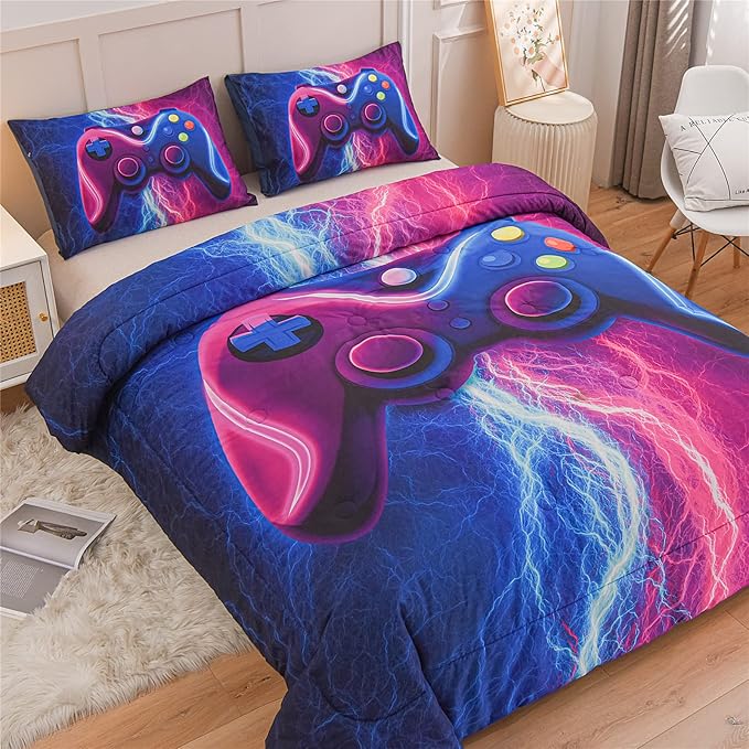 Meeting Story Gamer Gaming Bedding Sets Red Blue Lightnings Gamepad Comforter Set for Boys Games Console Action Buttons Novelty Colorful Modern Room Decor Home Quilt Set (Blue-Purple, Queen) - LeafyLoom