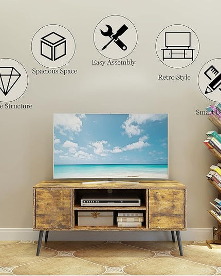 Yusong Industrial TV Stand for 55 Inch TVs,TV Bench TV Cabinet Media Cable Box Gaming Console Table with Open Shelves,Mid-Century Modern Entertainment Center for Living Room,Rustic Brown - LeafyLoom