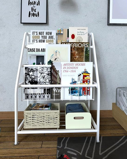 Kids Bookshelf Freestanding for Children Room 18 Inches Small White Metal Bookcase Large Capacity Books Toys Organizer Stable 5 Tiers Kids Book Rack for Playroom Bookstore Library - LeafyLoom