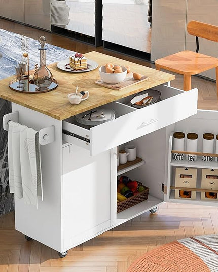 Island with Storage, Rolling Kitchen Cart on Wheels w/Drop Leaf, Internal Cabinet, Adjustable Shelf Towel Rack and Rubber Wood Countertop, for Dining Room, Home, White, 39 Inch - LeafyLoom
