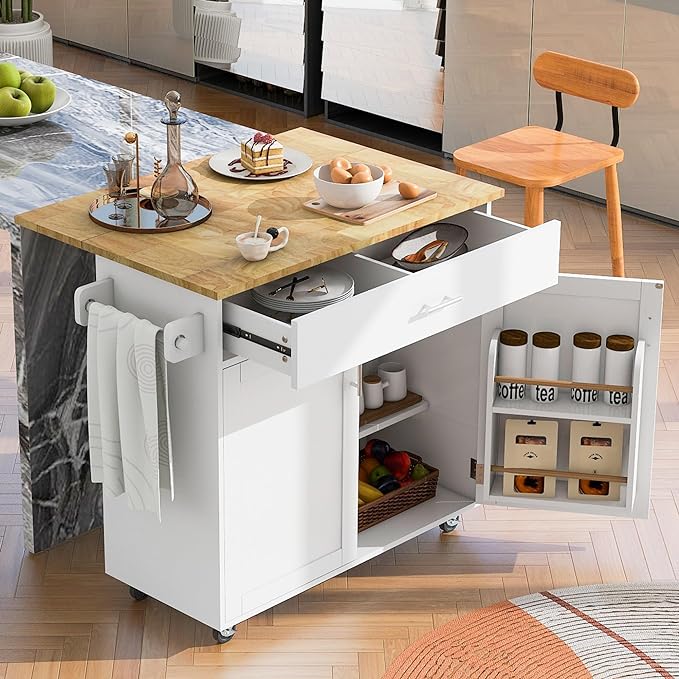 Island with Storage, Rolling Kitchen Cart on Wheels w/Drop Leaf, Internal Cabinet, Adjustable Shelf Towel Rack and Rubber Wood Countertop, for Dining Room, Home, White, 39 Inch - LeafyLoom
