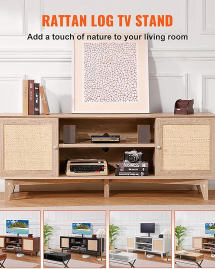 VEVOR Rattan TV Stand, Mid Century Modern TV Stand for 75 inch TV, Boho Rattan TV Cabinet with Build-in Socket and USB Ports, Adjustable Shelfs for Living Room, Media Room, Oak - LeafyLoom