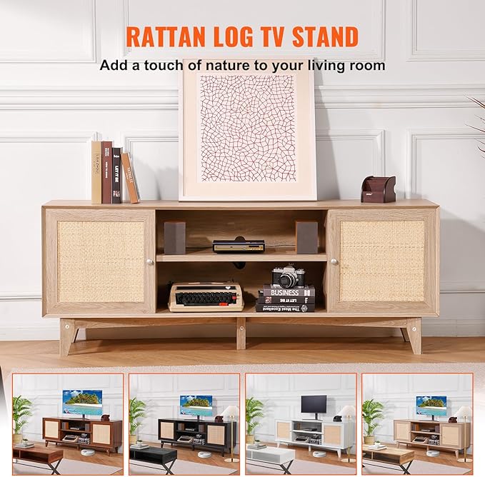 VEVOR Rattan TV Stand, Mid Century Modern TV Stand for 75 inch TV, Boho Rattan TV Cabinet with Build-in Socket and USB Ports, Adjustable Shelfs for Living Room, Media Room, Oak - LeafyLoom