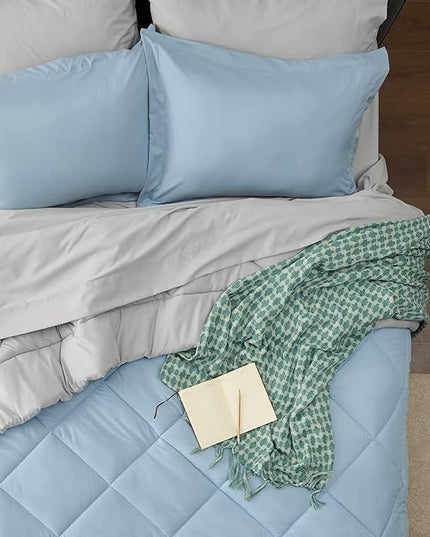 Bedsure Sky Blue Twin Size Comforter Set - 5 Pieces Reversible Twin Bed in a Bag, Extra Long Twin Bed Set with Comforters, Sheets, Pillowcase & Sham, Twin Bedding Sets for College - LeafyLoom