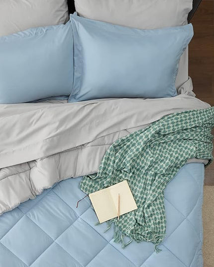 Bedsure Sky Blue King Size Comforter Set - 7 Pieces Reversible King Bed in a Bag King Bed Set with Comforters, Sheets, Pillowcases & Shams, King Bedding Sets - LeafyLoom