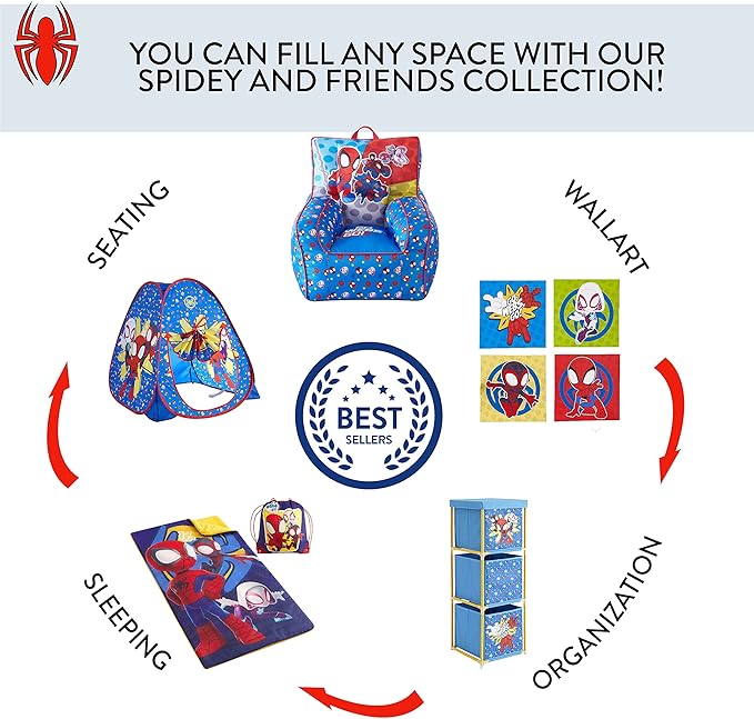 Idea Nuova Marvel Spidey & His Amazing Friends Toddler Nylon Bean Bag Chair with Piping & Top Carry Handle, NN201537, Large, Spidey & Friends - LeafyLoom