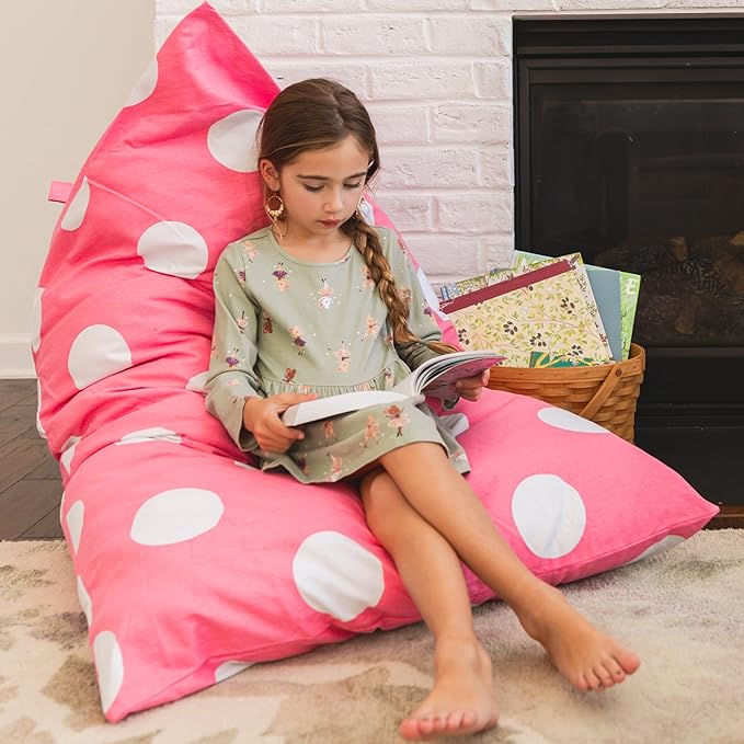 Butterfly Craze Bean Bag Chair Cover, Functional Toddler Toy Organizer, Fill with Stuffed Animals to Create a Jumbo, Comfy Floor Lounger for Boys or Girls, Stuffing Not Included, Pink Polka Dots - LeafyLoom