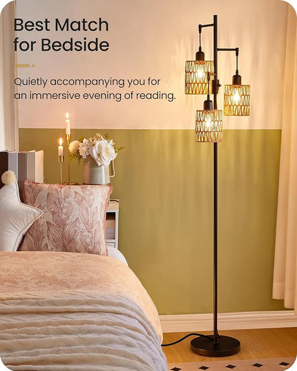 Dimmable Floor Lamp, Farmhouse Tall Standing Tree Lamp with 3 Rope Woven Lampshades, Boho Rattan Floor Lights, 4W 3 LED Bulbs Included, for Living Room, Bedroom, Study, Office B03LD05 - LeafyLoom