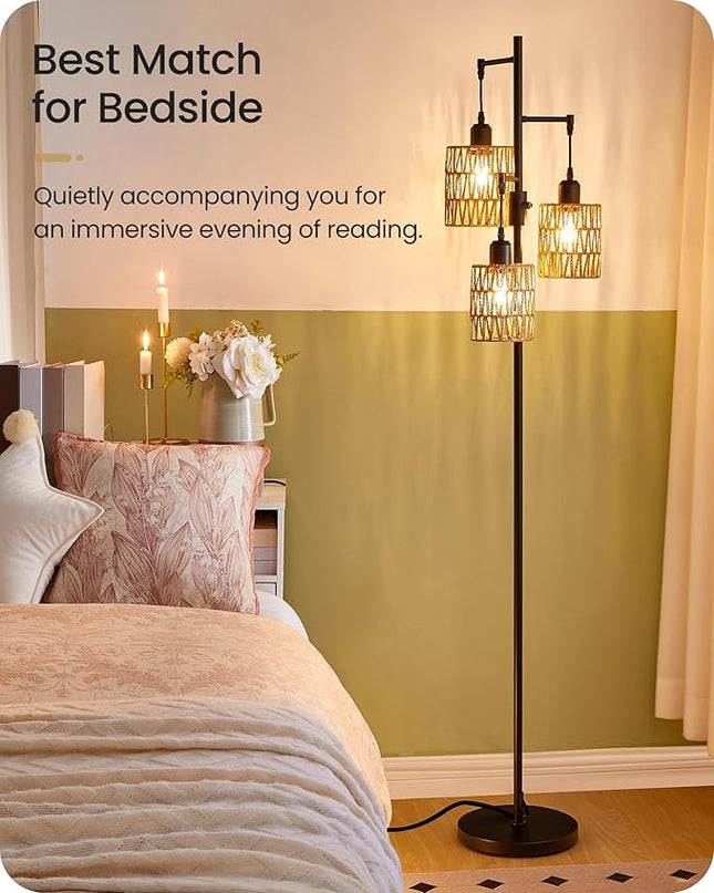 Dimmable Floor Lamp, Farmhouse Tall Standing Tree Lamp with 3 Rope Woven Lampshades, Boho Rattan Floor Lights, 4W 3 LED Bulbs Included, for Living Room, Bedroom, Study, Office B03LD05 - LeafyLoom