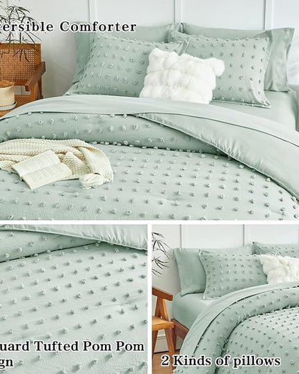 7 Pieces Tufted Dots Bed in a Bag Queen Comforter Set with Sheets Green , Soft and Embroidery Shabby Chic Boho Comforters, Solid Color with Pom Pom Design, Jacquard Tufts Bedding Set for All Season - LeafyLoom
