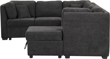 U Shaped Reversible Pull Out Sleeper Sectional Sofa Convertible Corner Couch Bed with Storage Chaise Lounge , 6 Seater Chenille Upholstered Sofa&Couch wth USB Ports, 2 Power Sockets for Living Room - LeafyLoom