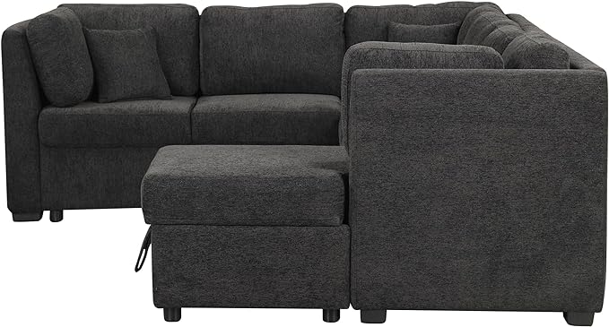U Shaped Reversible Pull Out Sleeper Sectional Sofa Convertible Corner Couch Bed with Storage Chaise Lounge , 6 Seater Chenille Upholstered Sofa&Couch wth USB Ports, 2 Power Sockets for Living Room - LeafyLoom