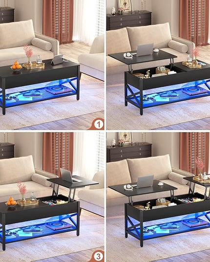 Coffee Table, Lift Top Coffee Table with Storage, LED Light & Power Outlet and Hidden Compartment, Retro Center Table for Living Room, X Support Wood Tabletop, Metal Frame,Black - LeafyLoom