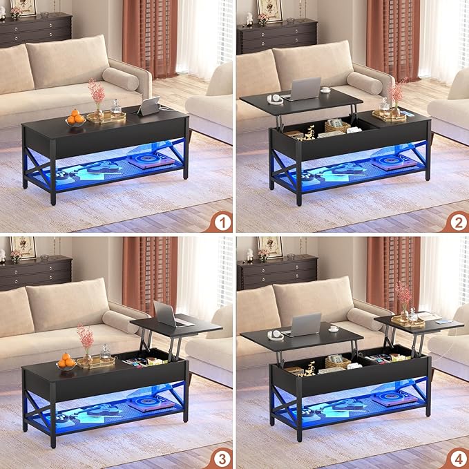Coffee Table, Lift Top Coffee Table with Storage, LED Light & Power Outlet and Hidden Compartment, Retro Center Table for Living Room, X Support Wood Tabletop, Metal Frame,Black - LeafyLoom