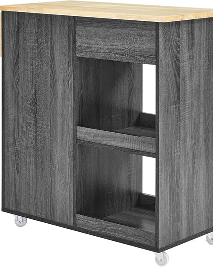 Modway Culinary Rolling Kitchen Cart with Storage in Charcoal Natural - 3 Tiers Kitchen Island on Wheels with Spice Rack, Functional as a Coffee Station, Bar Cabinet or Butcher Block Island - LeafyLoom