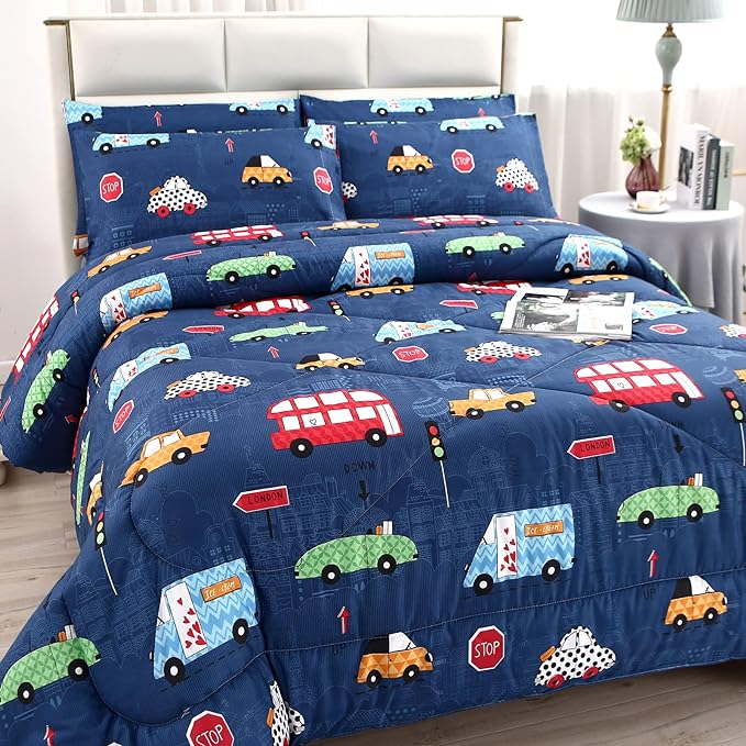 MAG 3Pcs Cartoon Car Bedding Comforter Set, Blue Cute Base Twin Comforter Set,for Toddlers Kids,Boys Teens and Girls,Super Soft Microfiber, Twin Size - LeafyLoom