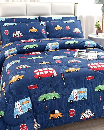 MAG 3Pcs Cartoon Car Bedding Comforter Set, Blue Cute Base Full/Queen Comforter Set,for Toddlers Kids,Boys Teens and Girls,Super Soft Microfiber, Full/Queen Size - LeafyLoom