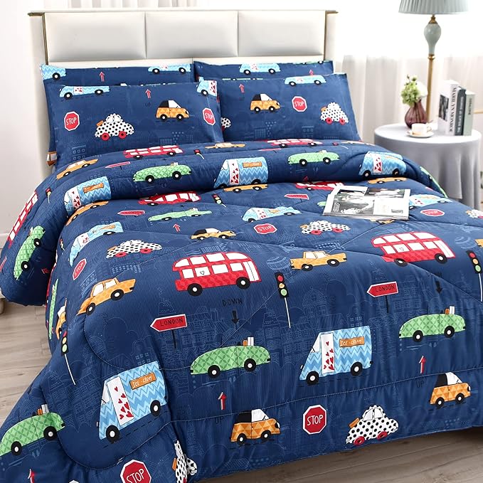 MAG 3Pcs Cartoon Car Bedding Comforter Set, Blue Cute Base Full/Queen Comforter Set,for Toddlers Kids,Boys Teens and Girls,Super Soft Microfiber, Full/Queen Size - LeafyLoom