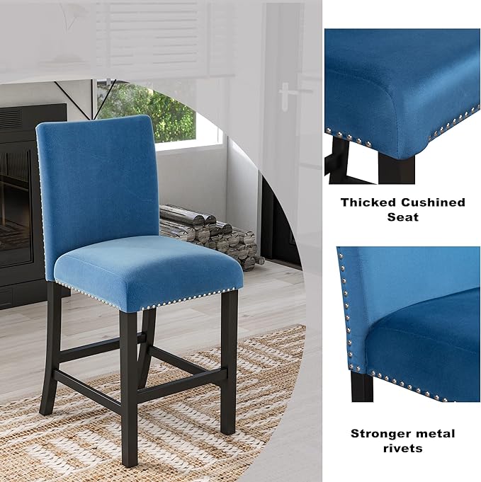 5-piece Counter Height Dining Set One Faux Marble Table and 4 Upholstered-Seat Chairs for Kitchen and Living Room Furniture, Blue - LeafyLoom