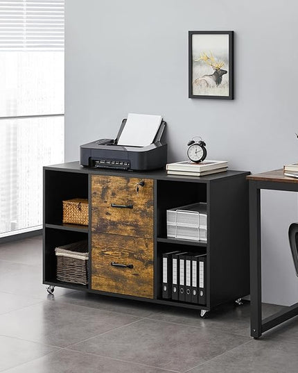 Yaheetech Filing Cabinet Lateral File Cabinet with 2 Drawer and 4 Open Compartments for Letter Size A4 Size, Printer Stand for Home Office, Black/Rustic Brown - LeafyLoom