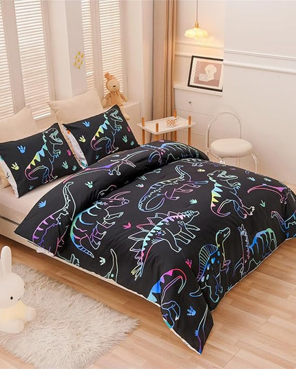 Meeting Story Dinosaur Comforter Set,Fluorescence Dinosaur Colorful Pattern Twin Comforter Set, 3 PCS 1 Comforter and 2 Pillowcases in One Bag, All Season Bedspread for Kids Teens Adults(Full) - LeafyLoom