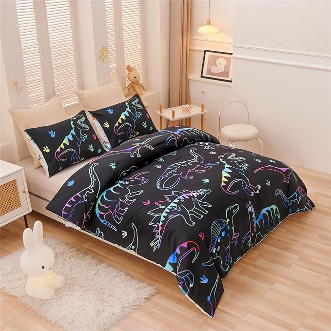 Meeting Story Dinosaur Comforter Set,Fluorescence Dinosaur Colorful Pattern Twin Comforter Set, 3 PCS 1 Comforter and 2 Pillowcases in One Bag, All Season Bedspread for Kids Teens Adults(Full) - LeafyLoom