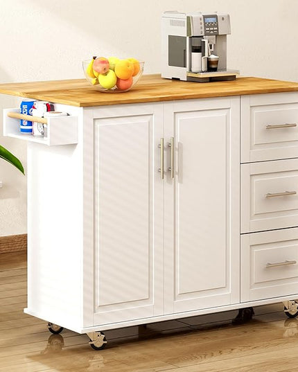 soges Mobile Kitchen Island with Storage and Drop Leaf on Wheels, Rolling Kitchen Island Table Cart with 3 Drawers and Large Storage Cabinets, Spacious Desktop, Adjustable Shelves, White - LeafyLoom