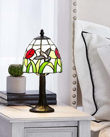 Tiffany Style mini table Lamp-Stained Glass Hummingbird with Tulip Design Table or Desk Light LED Bulb Included-Vintage Look Colorful Accent Decor - LeafyLoom