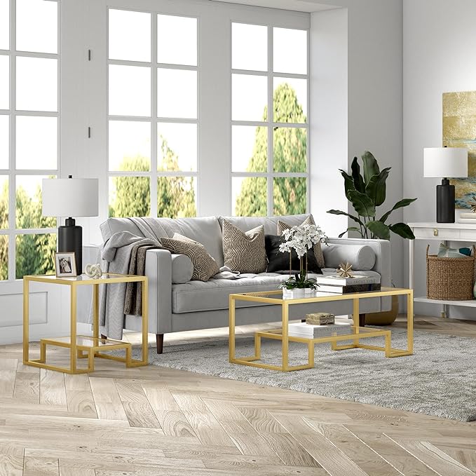 Henn&Hart 45" Wide Rectangular Coffee Table in Brass, Modern coffee tables for living room, studio apartment essentials - LeafyLoom