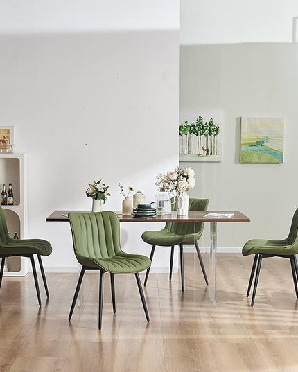 YOUNUOKE Olive Green Dining Chairs Set of 2 Upholstered Mid Century Modern Kitchen Chair Armless Faux Leather Side Chairs with Padded Back Metal Legs for Living Room Bedrooms - LeafyLoom
