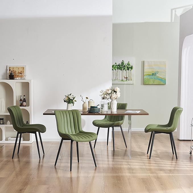 YOUNUOKE Olive Green Dining Chairs Set of 2 Upholstered Mid Century Modern Kitchen Chair Armless Faux Leather Side Chairs with Padded Back Metal Legs for Living Room Bedrooms - LeafyLoom