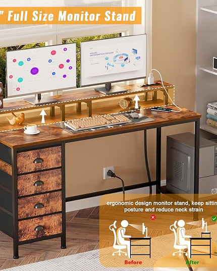 Furologee 55in Computer Desk with 4 Drawers, LED Gaming Desk with Power Outlets, Office Desk with Full Monitor Stand and Storage Shelf, Study Work Desk for Home Office Bedroom, Rustic Brown - LeafyLoom