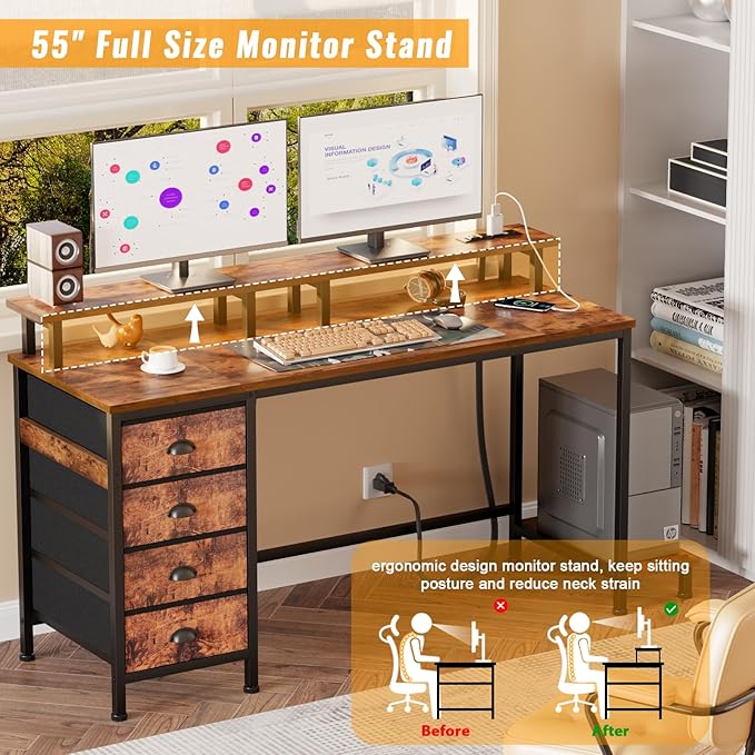 Furologee 55in Computer Desk with 4 Drawers, LED Gaming Desk with Power Outlets, Office Desk with Full Monitor Stand and Storage Shelf, Study Work Desk for Home Office Bedroom, Rustic Brown - LeafyLoom