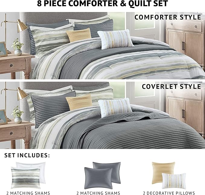 Madison Park Marina Comforter Quilt Combo Set - Modern Luxury Design, All Season Down Alternative Bedding, Matching Shams, Decorative Pillows, King/Cal King(104"x92"), Yellow 8 Piece - LeafyLoom