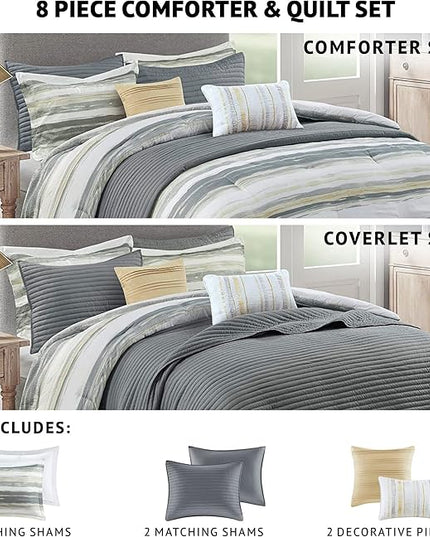 Madison Park Marina Comforter Quilt Combo Set - Modern Luxury Design, All Season Down Alternative Bedding, Matching Shams, Decorative Pillows, Full/Queen(90"x90"), Yellow 8 Piece - LeafyLoom