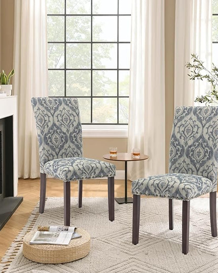 Parsons Dining Chairs Set of 4, Upholstered Nailhead Dining Room Kitchen Side Chair with Thick Cushions and Wood Legs, White/Blue - LeafyLoom