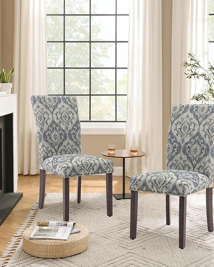 Parsons Dining Chairs Set of 2, Upholstered Nailhead Dining Room Kitchen Side Chair with Thick Cushions and Wood Legs, White/Blue - LeafyLoom