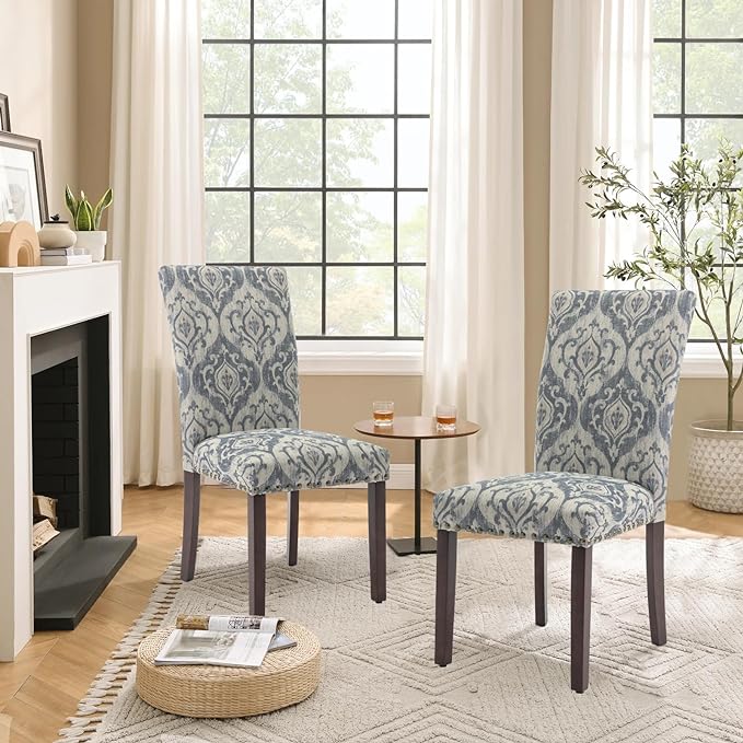 Parsons Dining Chairs Set of 2, Upholstered Nailhead Dining Room Kitchen Side Chair with Thick Cushions and Wood Legs, White/Blue - LeafyLoom
