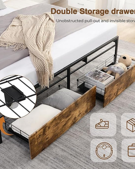 LED Queen Bed Frame with 2 Storage Drawers & Headboard, Platform Metal Bed Frame with Charging Station, Noise-Free, No Box Spring Needed, Vintage Brown - LeafyLoom
