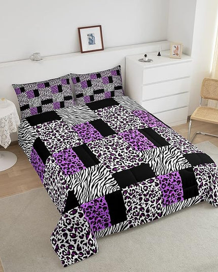 Erosebridal Purple Leopard Bedding Set Patchwork Cheetah Print Comforter Sets King Size for Girls Teens Adults Women Bedroom Black Zebra Pattern Duvet Sets Animal Skin Down Comforter 2 Piece - LeafyLoom