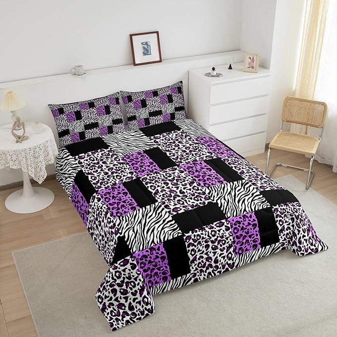 Erosebridal Purple Leopard Bedding Set Patchwork Cheetah Print Comforter Sets King Size for Girls Teens Adults Women Bedroom Black Zebra Pattern Duvet Sets Animal Skin Down Comforter 2 Piece - LeafyLoom