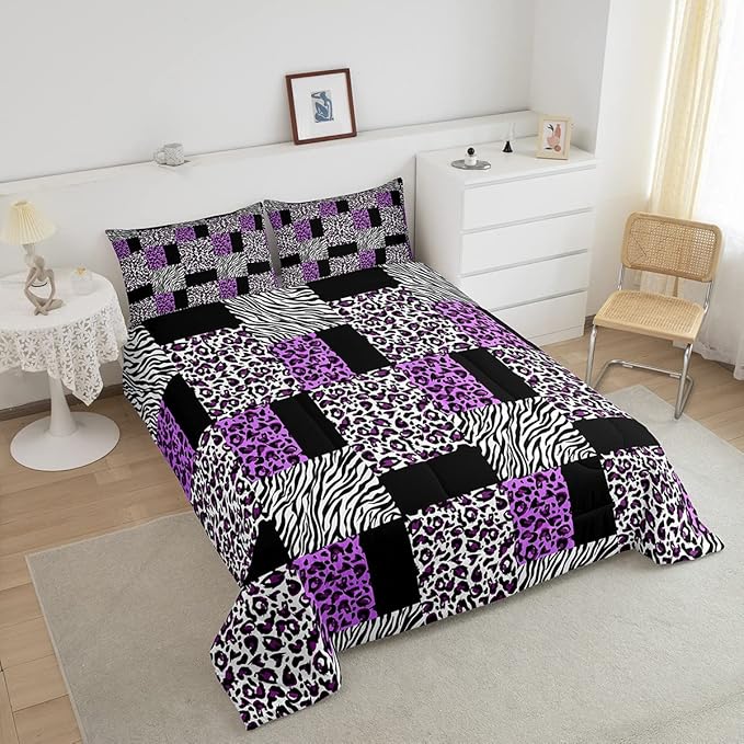 Erosebridal Twin Size Cheetah Bedding Sets for Girls,Patchwork Zebra Leopard Black Purple Comforter Set for Kids Women,Black White Stripes Checkered Quilt Comforter Wild Animal Bedroom Decor 2 Pcs - LeafyLoom