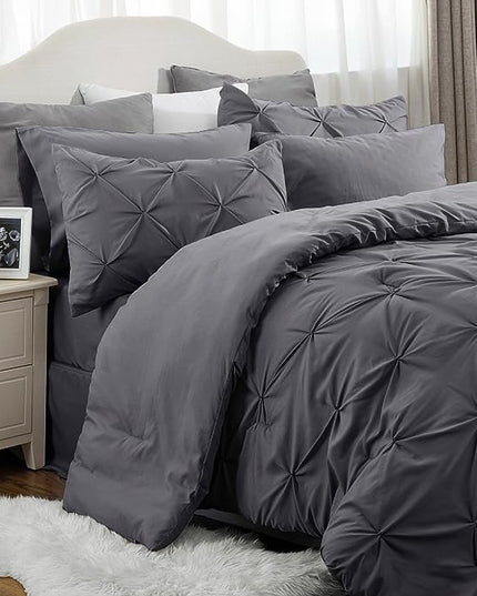 Bedsure California King Comforter Set - Cal King Bed Set 7 Pieces, Pinch Pleat Dark Grey Cali King Bedding Set with Comforter, Sheets, Pillowcases & Shams - LeafyLoom